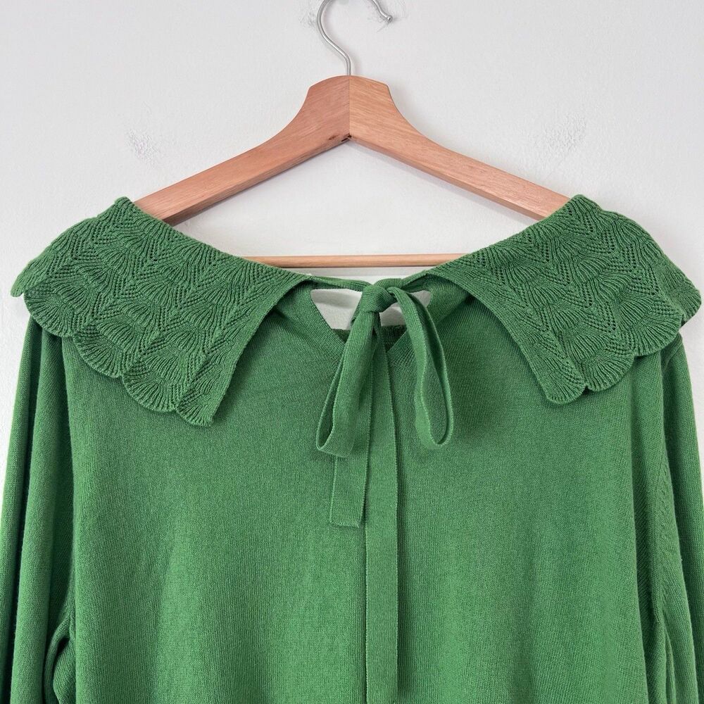 Boden Tie Back Collar Jumper Sweater US 20/22 Green Cotton Wool Scallop Knit - Picture 6 of 8